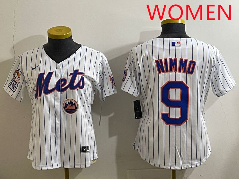 Women 2025 New York Mets #9 Nimmo White Stripe Game Nike MLB Jersey style 6->youth mlb jersey->Youth Jersey